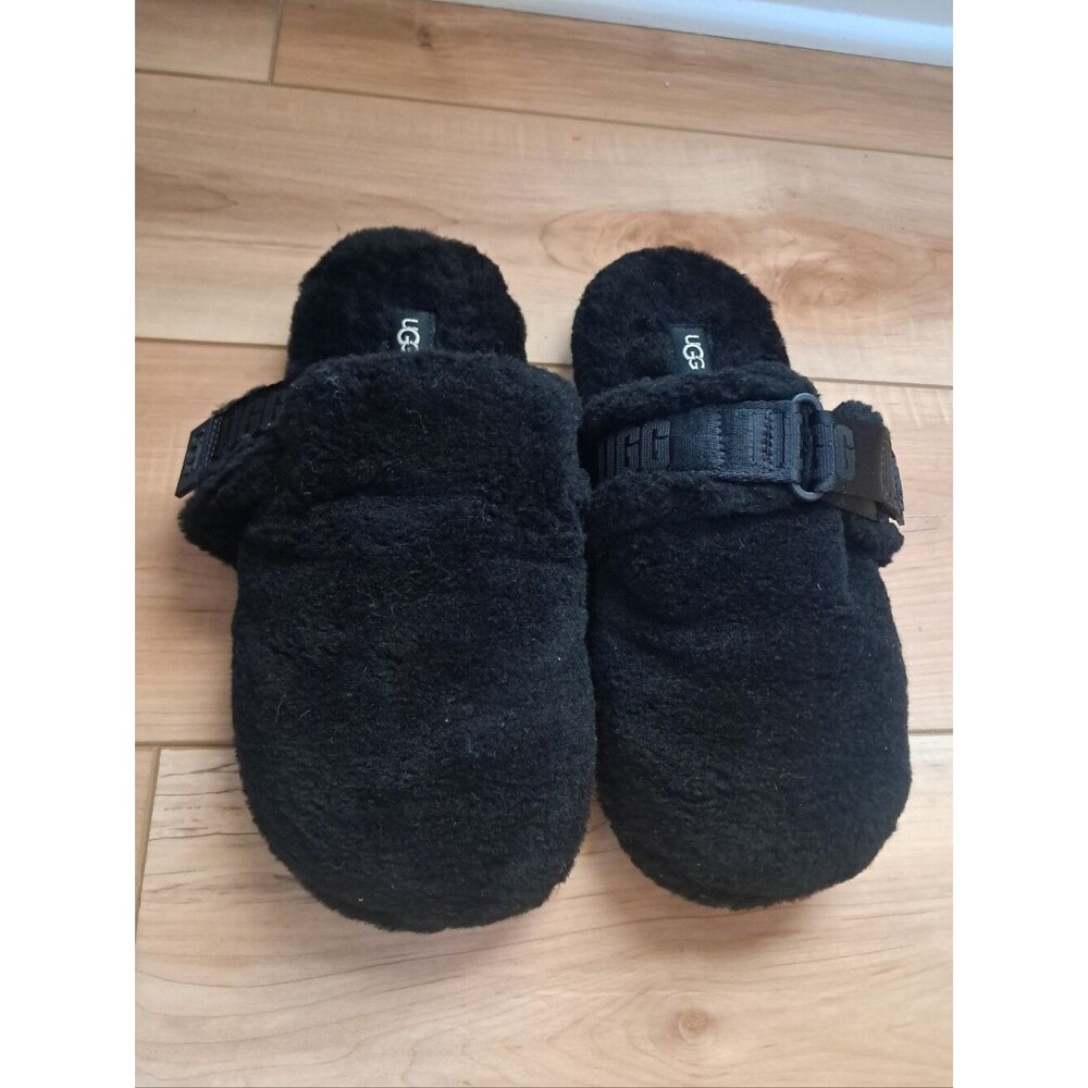 UGG Slippers Women's 8 Black Sherpa Adjustable Strap Fluff It Cozy Winter Fluffy